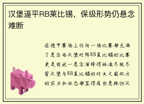 汉堡逼平RB莱比锡，保级形势仍悬念难断