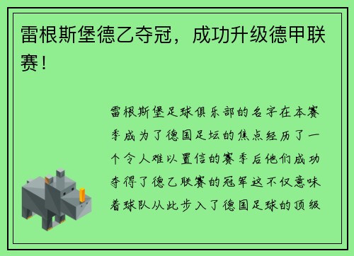 雷根斯堡德乙夺冠，成功升级德甲联赛！